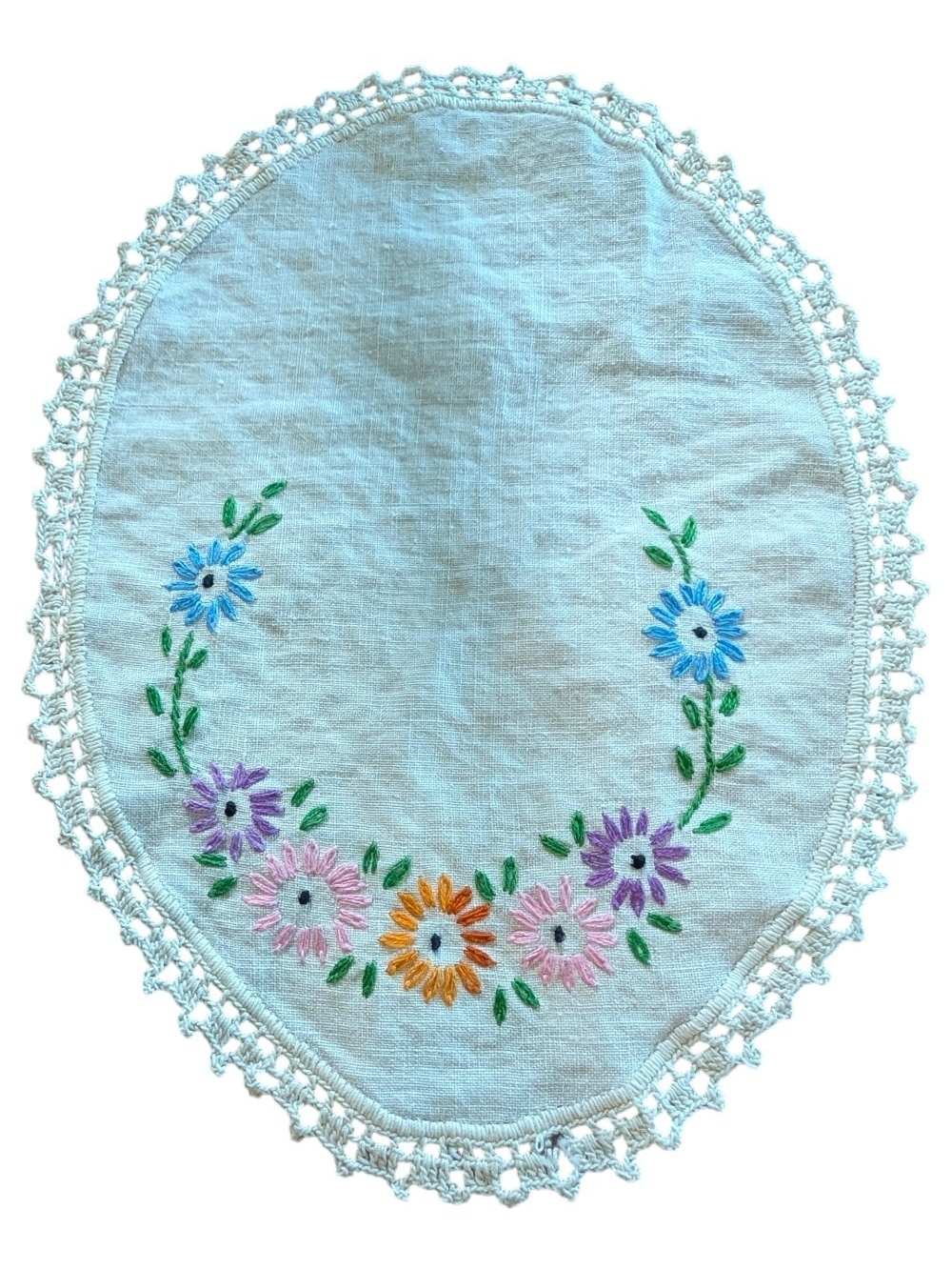 Hand-Embroidered Floral Linen Doily in Off White with Multicolor Flowers